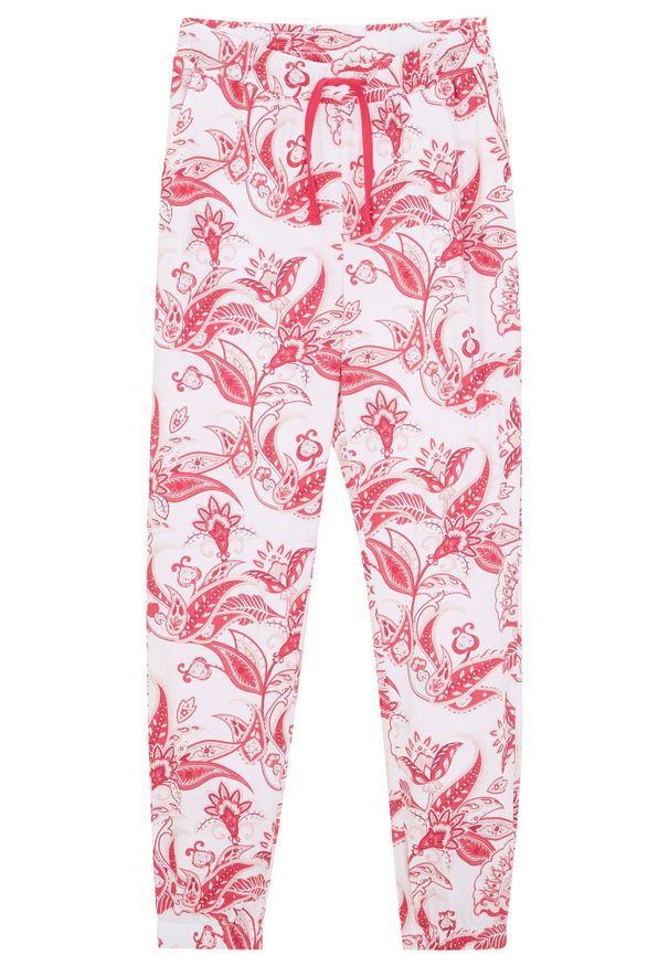 bonprix - Spodnie z dżerseju z czystej bawełny. Kolor: różowy. Materiał: jersey, bawełna. Wzór: nadruk. Sezon: lato