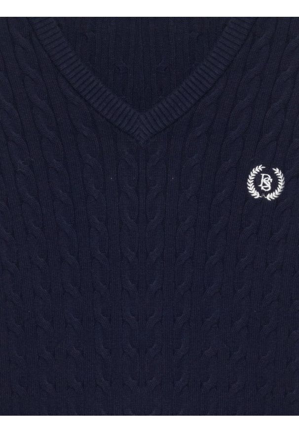 Big-Star - Sweter damski ze splotem warkoczowym z dekoltem v-neck granatowy Nisa 403. Kolor: niebieski. Materiał: poliamid, włókno, bawełna. Długość: długie. Wzór: ze splotem. Styl: klasyczny