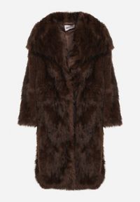 Born2be - Brązowy Jednorzędowy Płaszcz Futro z Szerokim Kołnierzem Wedinalia. Okazja: na co dzień, do pracy. Typ kołnierza: golf. Kolor: brązowy. Materiał: futro. Styl: casual, elegancki #4