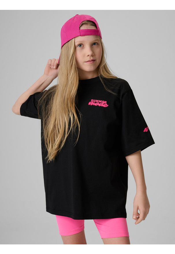 4f - 4F T-shirt loose z nadrukiem dziewczęcy - czarny 146/152 (10-12 lat). Okazja: na co dzień. Kolor: czarny. Materiał: materiał, bawełna, dresówka, dzianina. Wzór: nadruk. Sezon: lato. Styl: klasyczny, casual
