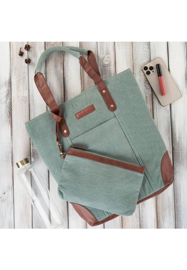 PAOLO PERUZZI - Shopperka szarozielona Paolo Peruzzi E-23-BU. Kolor: zielony. Sezon: lato. Materiał: skórzane. Styl: klasyczny