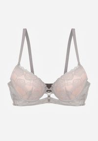 Born2be - Szaro-Różowy Klasyczny Biustonosz Zdobiony Koronką i Aplikacją Metheis. Kolor: szary. Materiał: koronka. Wzór: koronka, aplikacja #5