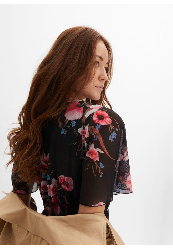 bonprix - Sukienka mini z siateczki. Kolor: czarny. Materiał: materiał. Typ sukienki: kopertowe. Długość: mini