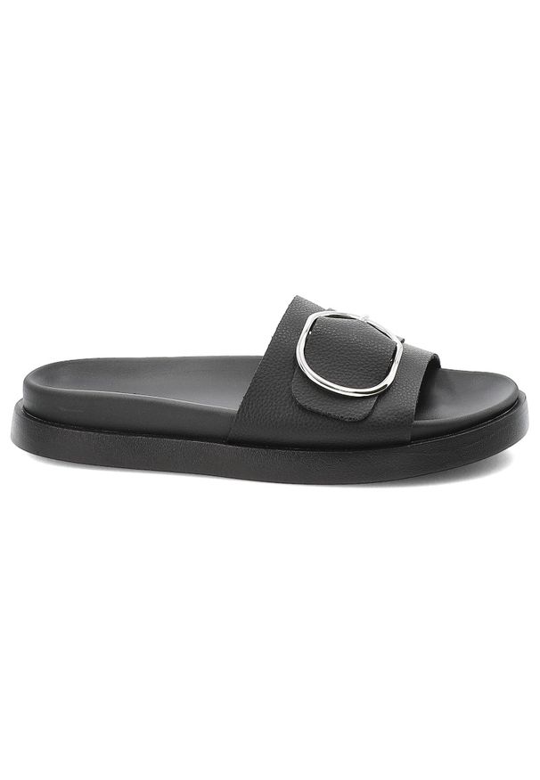 Czarne Klapki Rieker Skórzane Obuwie Damskie. Okazja: na co dzień. Kolor: czarny. Materiał: skóra. Styl: casual, elegancki
