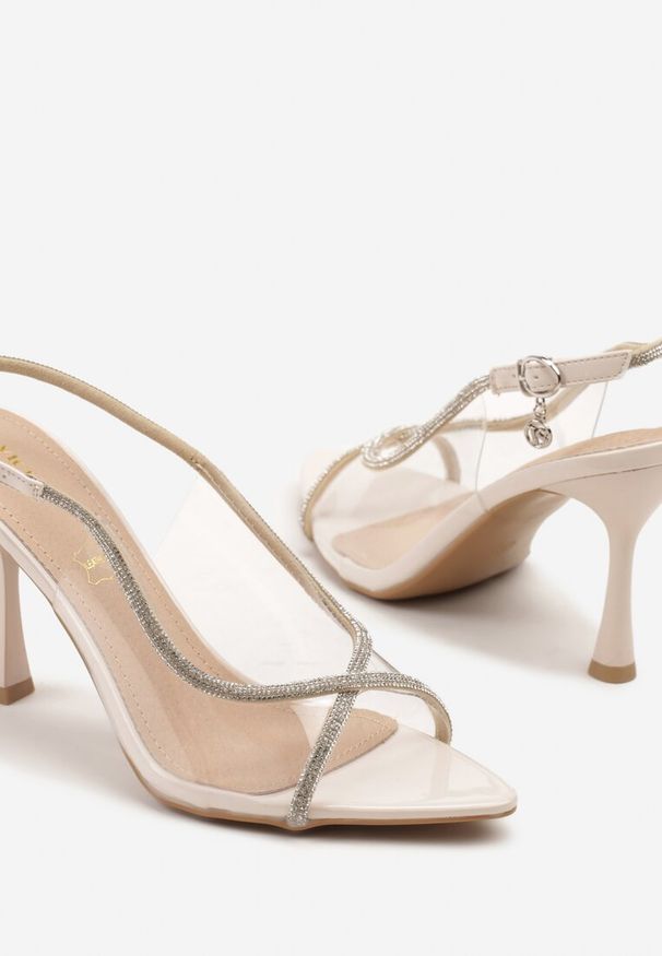 Renee - Beżowe Sandały Vices na Szpilce z Cyrkoniowymi Paskami Ovilira. Zapięcie: pasek. Kolor: beżowy. Wzór: paski. Obcas: na szpilce. Styl: glamour, elegancki