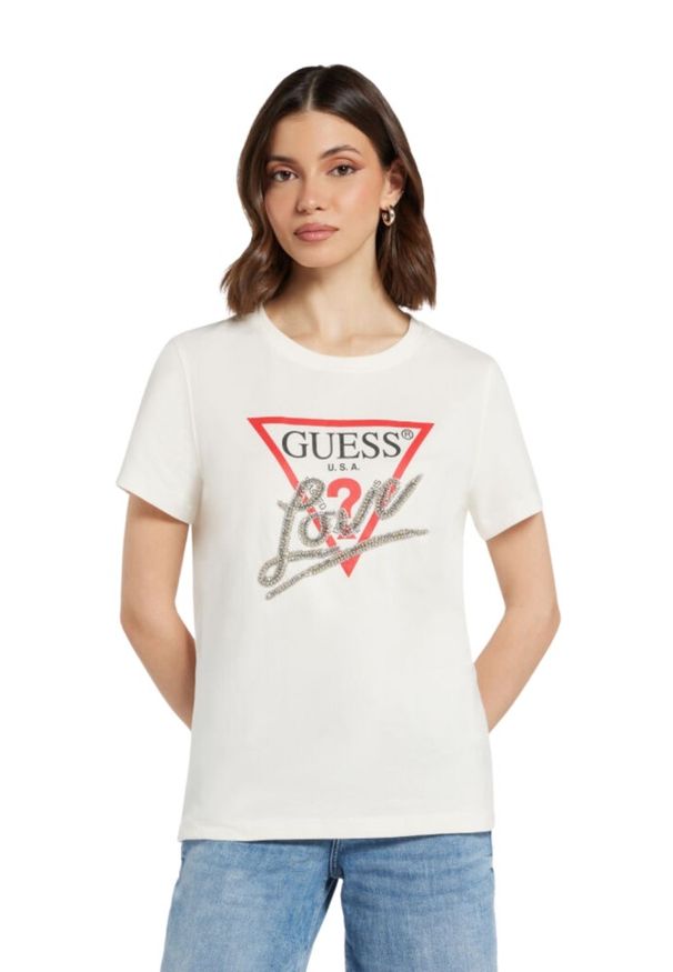 Guess - GUESS Biały t-shirt damski Love Tee. Kolor: biały