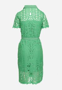 Born2be - Zielona Ażurowa Sukienka Koszulowa Midi z Wiązanym Paskiem Pamy. Kolor: zielony. Materiał: koronka, materiał. Długość rękawa: krótki rękaw. Wzór: ażurowy. Typ sukienki: koszulowe. Styl: klasyczny. Długość: midi #3