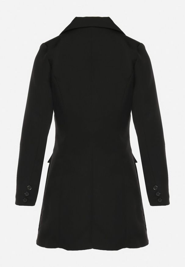 Born2be - Czarna Marynarka Sukienka Zapinana na Guziki z Kieszeniami i Aplikacją 3D Różyczek Velira. Okazja: na co dzień. Kolor: czarny. Wzór: aplikacja. Typ sukienki: proste. Styl: casual, elegancki, klasyczny