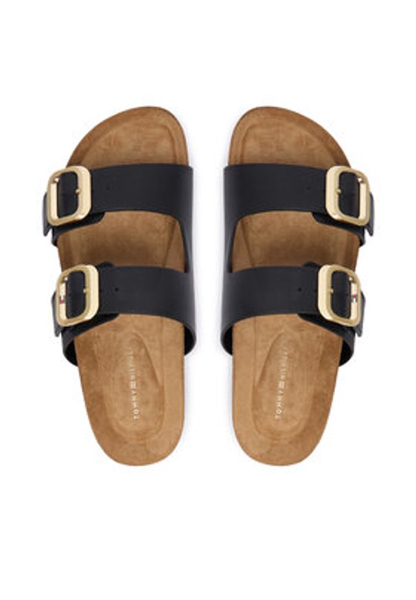 TOMMY HILFIGER - Tommy Hilfiger Klapki Leather Double Strap Cork Sandals FW0FW09118 Czarny. Kolor: czarny. Materiał: skóra