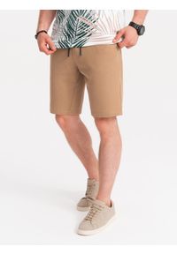 Ombre Clothing - Dzianinowe szorty męskie z ozdobną gumka w pasie - jasnobrązowe V4. Kolor: brązowy. Materiał: dzianina #7