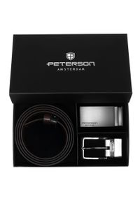 Zestaw prezentowy: dwustronny pasek skórzany w brązowym i czarnym kolorze Peterson PTN KL-B005S001. Kolor: czarny, wielokolorowy, brązowy. Materiał: skóra. Styl: elegancki #1