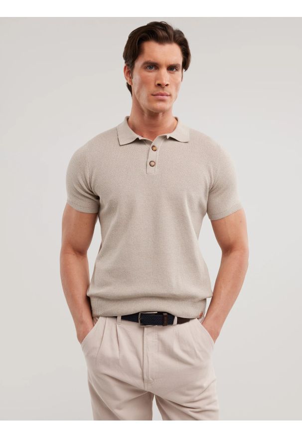 Big-Star - Sweter męski polo z krótkim rękawem beżowy Polonezzo 801. Typ kołnierza: polo. Kolor: beżowy. Materiał: bawełna, dzianina, materiał, jeans. Długość rękawa: krótki rękaw. Długość: krótkie. Wzór: melanż. Styl: retro, klasyczny, elegancki