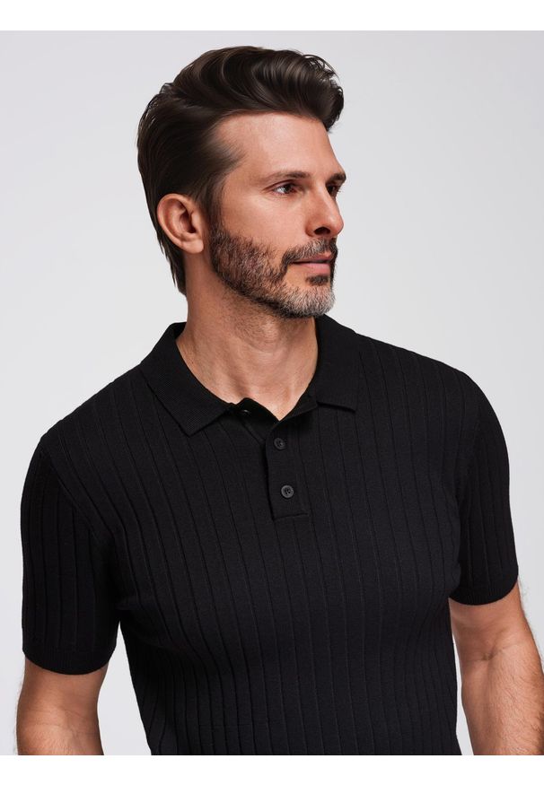 Ombre Clothing - Męska koszulka polo z wiskozą SLIM FIT w pionowy prążek – czarna V1 OM-POSS-0143 - XXL. Typ kołnierza: polo. Kolor: czarny. Materiał: wiskoza. Wzór: prążki. Styl: klasyczny, elegancki