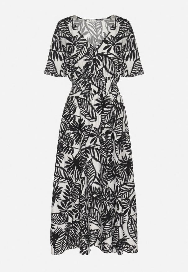 Born2be - Czarna Sukienka w Roślinny Wzór z Rozkloszowanymi Rękawami i Gumką w Talii Erivane. Kolor: czarny. Długość rękawa: krótki rękaw. Wzór: aplikacja. Sezon: wiosna, lato. Typ sukienki: rozkloszowane