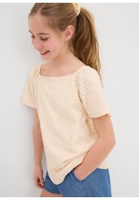 bonprix - Bluzka shirtowa z ażurowym haftem. Kolor: beżowy. Wzór: ażurowy, haft #3
