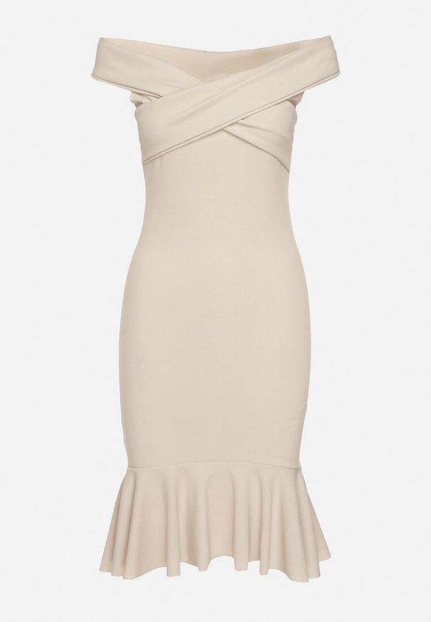 Born2be - Beżowa Sukienka Dopasowana z Hiszpańskim Dekoltem i Falbanką na Dole Reantia. Okazja: na randkę. Kolor: beżowy. Długość rękawa: krótki rękaw. Typ sukienki: ołówkowe