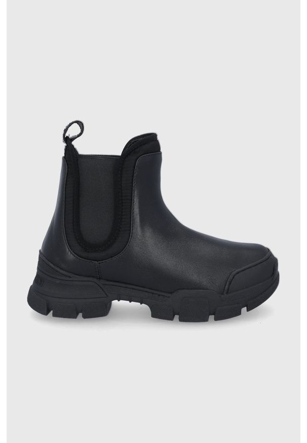 Love Moschino Sztyblety skórzane damskie kolor czarny na płaskim obcasie. Nosek buta: okrągły. Kolor: czarny. Materiał: skóra. Obcas: na obcasie. Wysokość obcasa: niski