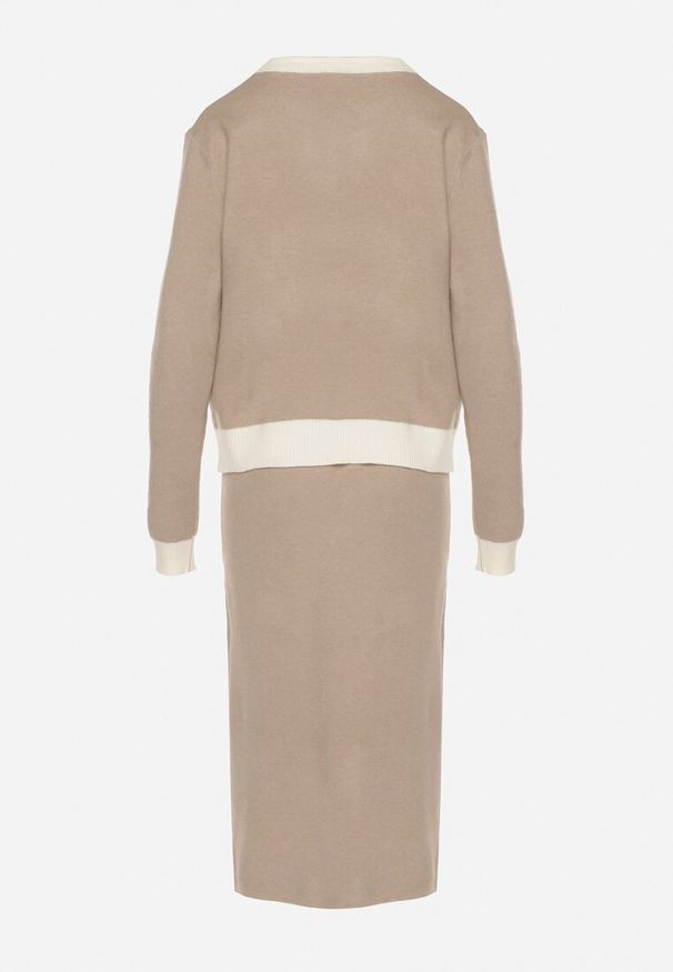 Born2be - Beżowy Dzianinowy Komplet z Bawełną Kardigan i Spódnica Amantta. Kolor: beżowy. Materiał: bawełna, dzianina