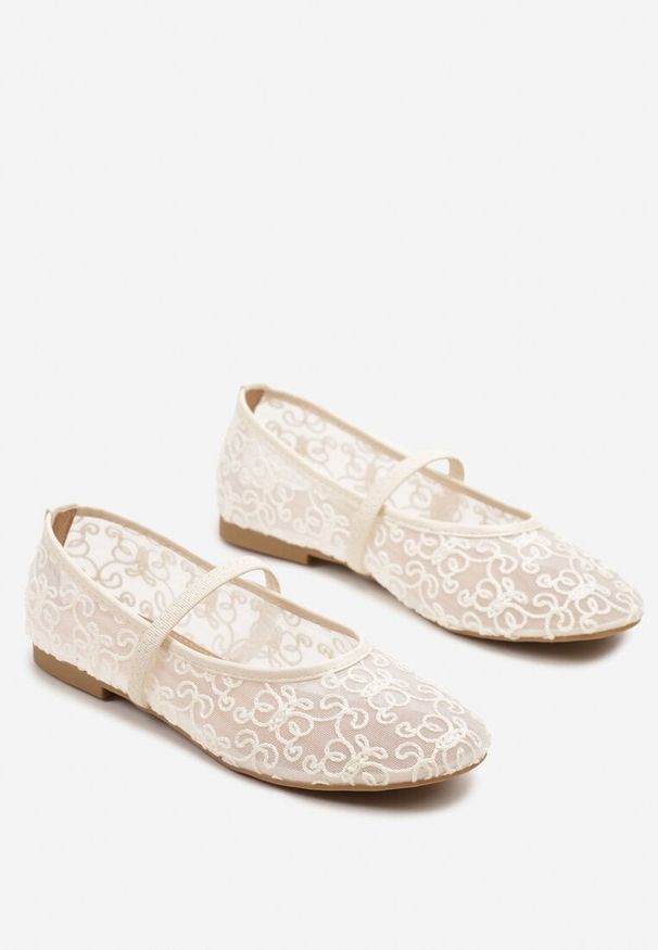 Born2be - Beżowe Przezroczyste Balerinki Vices Ozdobione Paskiem i Haftem Niloretia. Okazja: na co dzień. Zapięcie: pasek. Kolor: beżowy. Wzór: aplikacja, haft. Obcas: na płaskiej podeszwie. Styl: casual, elegancki