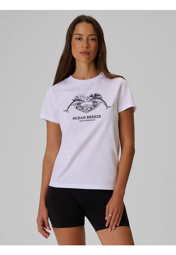 4f - 4F T-shirt regular z nadrukiem damski - biały M. Okazja: na co dzień. Kolor: biały. Materiał: bawełna, dzianina. Wzór: nadruk. Styl: sportowy, klasyczny, elegancki, casual