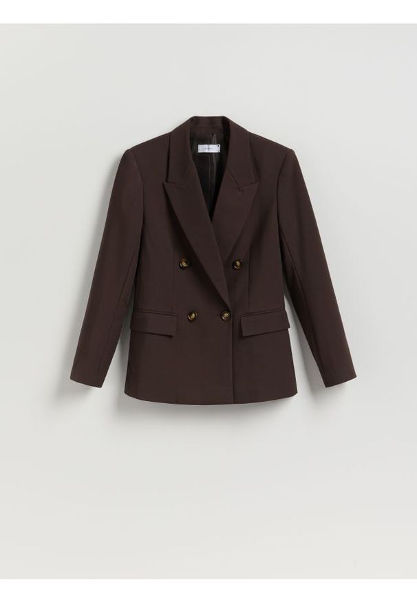 Reserved - Dwurzędowa marynarka - ciemnobrązowy. Kolor: brązowy. Materiał: wiskoza, tkanina. Wzór: gładki