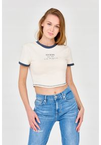 Guess - GUESS Ecru damski crop top, Rozmiar L. Kolor: biały. Materiał: bawełna. Długość: krótkie