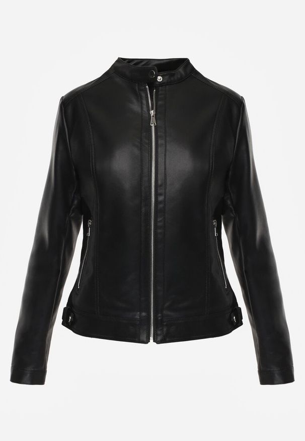 Renee - Czarna Taliowana Kurtka Ramoneska z Suwakami przy Mankietach Vivalea. Okazja: na co dzień. Kolor: czarny. Materiał: jeans, poliester, koronka. Styl: rockowy, casual