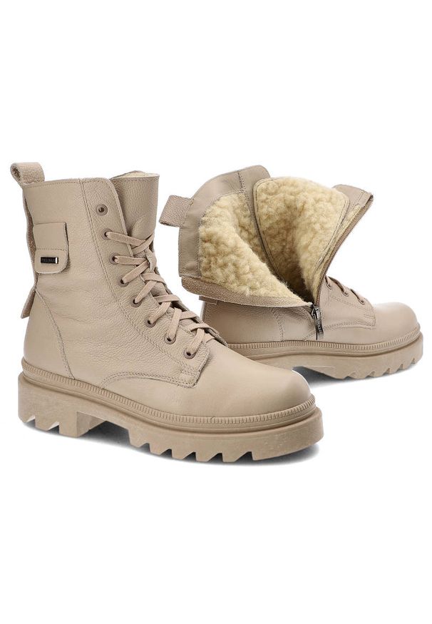 Beżowe Botki Pollonus Skórzane Ocieplane Buty Damskie. Kolor: beżowy. Materiał: skóra. Szerokość cholewki: normalna. Sezon: zima