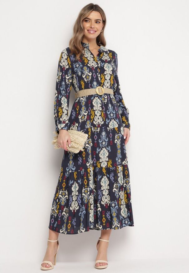 Born2be - Granatowa Sukienka Koszulowa Rozkloszowana Delirime. Okazja: na co dzień. Kolor: niebieski. Typ sukienki: koszulowe. Styl: casual, elegancki