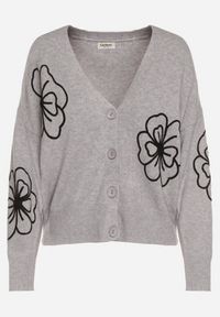 Born2be - Szary Kardigan na Guziki w Haftowane Kwiaty Tustara. Okazja: na co dzień. Kolor: szary. Materiał: jeans. Wzór: kwiaty, haft. Styl: casual #3
