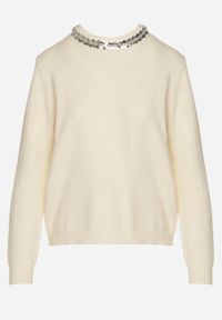 Born2be - Biały Sweter z Dodatkiem Kaszmiru Ozdobiony Cekinami i Cyrkoniami Vetimona. Okazja: na co dzień. Kolor: biały. Materiał: kaszmir. Wzór: aplikacja. Styl: klasyczny, casual, elegancki #4