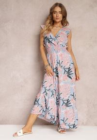 Renee - Niebieska Sukienka Maxi z Falbankami i Cienkimi Gumkami w Pasie Bexla. Okazja: na co dzień. Typ kołnierza: kołnierz z falbankami. Kolor: niebieski. Typ sukienki: rozkloszowane. Styl: casual, elegancki. Długość: maxi