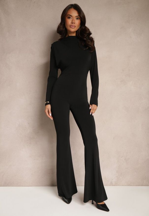 Renee - Czarny Taliowany Kombinezon Koktajlowy z Ozdobnym Wycięciem z Tyłu Sewini. Kolor: czarny. Styl: wizytowy