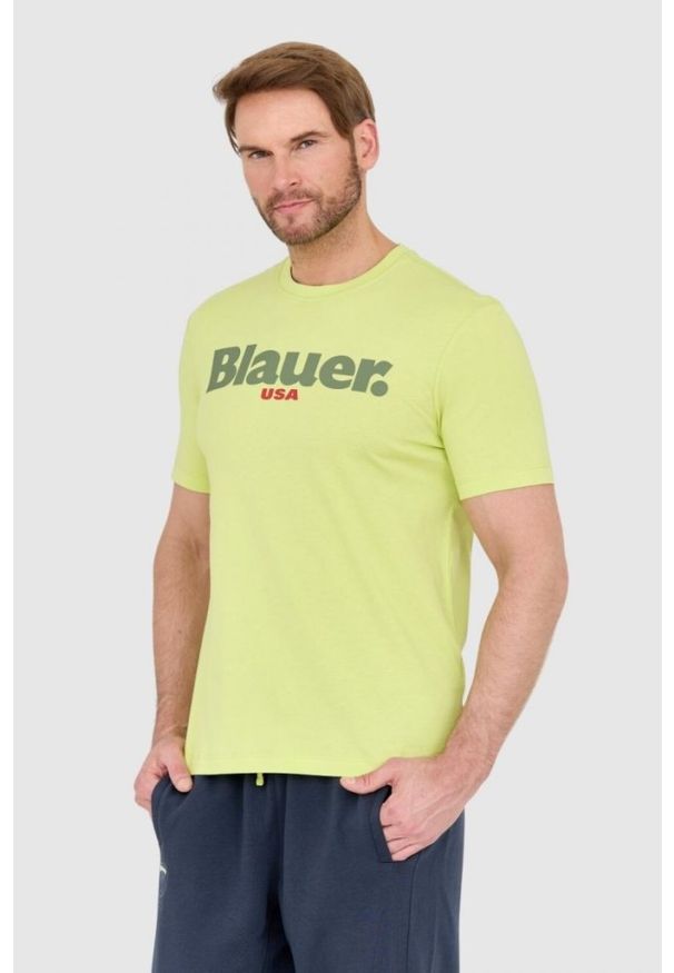 Blauer USA - BLAUER Zielony męski t-shirt z dużym logo, Rozmiar XL. Kolor: zielony