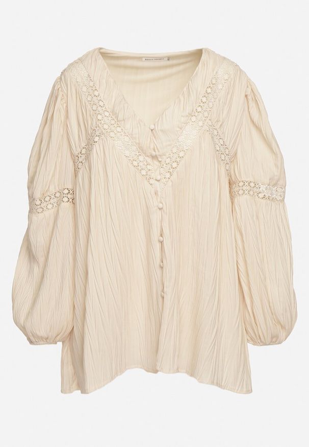 Born2be - Jasnobeżowa Bluzka Rozpinana Marszczona z Bufiastymi Rękawami Zakończonymi Gumkami Ulmara. Okazja: na spotkanie biznesowe, na co dzień. Kolor: beżowy. Materiał: materiał, jeans, koronka. Wzór: aplikacja. Styl: elegancki, biznesowy, casual