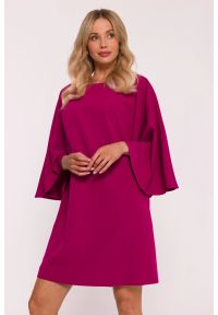 Stylove - Elegancka sukienka trapezowa z bufiastymi rękawami fiolet. Kolor: czarny, beżowy. Typ sukienki: trapezowe. Styl: elegancki #6