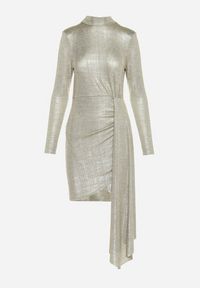 Born2be - Złota Dopasowana Sukienka Mini o Asymetrycznym Fasonie z Metalicznym Połyskiem Buttera. Kolor: złoty. Materiał: materiał. Typ sukienki: asymetryczne. Długość: mini #3