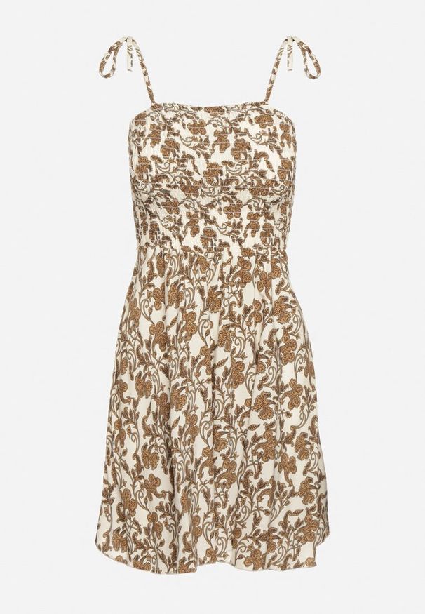 Born2be - Jasnobeżowa Rozkloszowana Sukienka z Bawełny na Ramiączkach z Wiązaniem na Plecach Nelsina. Okazja: na imprezę. Kolor: beżowy. Materiał: bawełna. Długość rękawa: na ramiączkach. Sezon: lato. Styl: klasyczny, elegancki