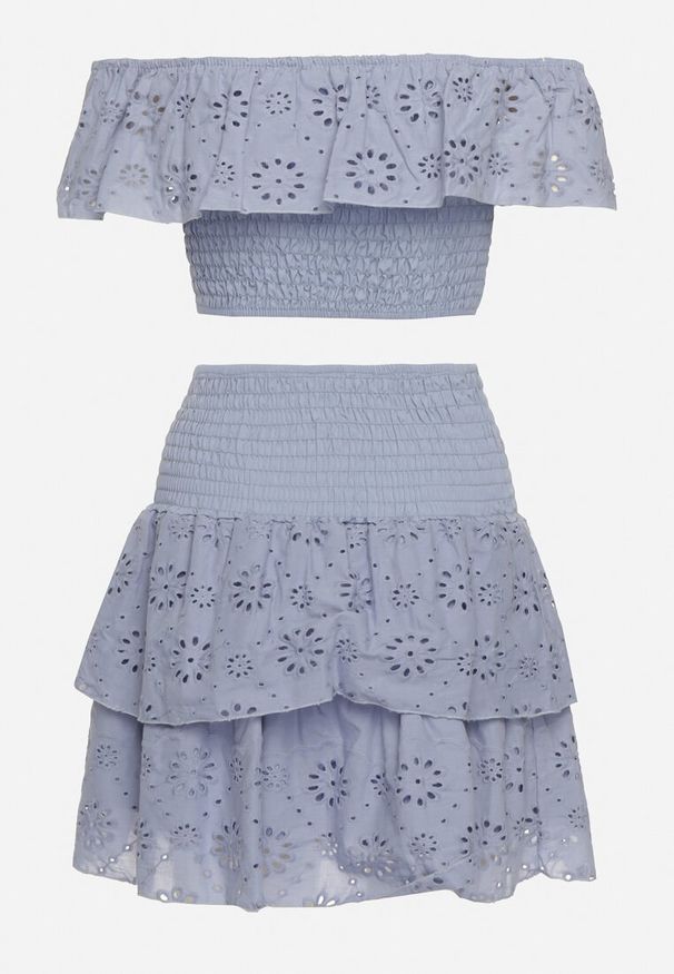 Born2be - Jasnoniebieski 2-Częściowy Komplet Bawełniany Ażurowy Top w Stylu Hiszpanki Spódnica z Gumką Lavima. Kolor: niebieski. Materiał: bawełna. Wzór: ażurowy
