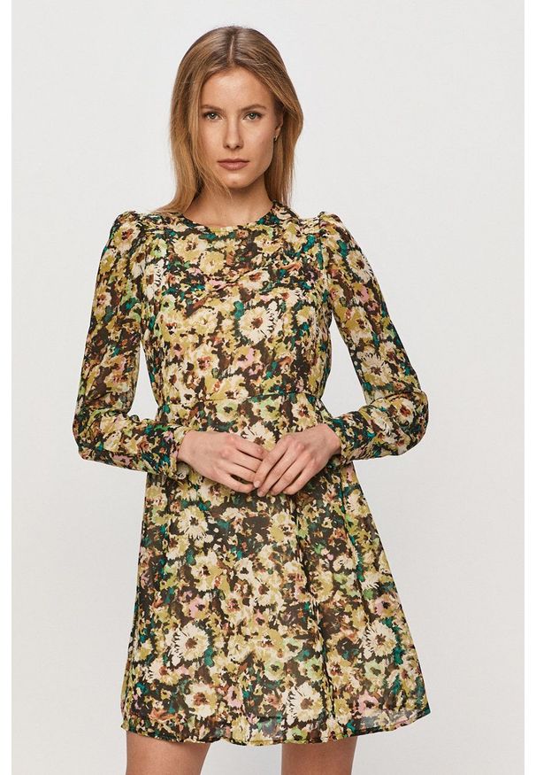 Vero Moda - Sukienka. Kolor: zielony. Materiał: tkanina, poliester. Długość rękawa: długi rękaw. Typ sukienki: rozkloszowane