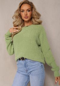 Renee - Jasnozielony Puchaty Sweter Oversize z Długim Rękawem Massana. Kolor: zielony. Materiał: dzianina, skóra. Długość rękawa: długi rękaw. Długość: długie #2