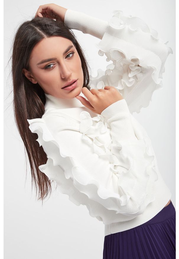 Twinset Milano - Sweter z falbanami TWINSET ACTITUDE. Typ kołnierza: kołnierzyk stójkowy. Materiał: prążkowany, wiskoza, tkanina. Wzór: aplikacja