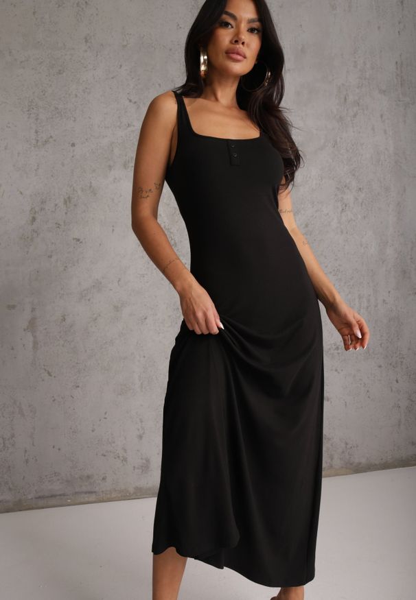 Renee - Czarna Sukienka z Bawełny Ozdobiona Guzikami przy Dekolcie Abarei. Okazja: na co dzień. Kolor: czarny. Materiał: bawełna. Długość rękawa: na ramiączkach. Wzór: aplikacja. Typ sukienki: proste. Styl: elegancki, casual