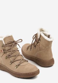 Born2be - Beżowe Botki Traperki z Ozdobnym Sznurowaniem i Tłoczoną Podeszwą Fasitta. Okazja: na co dzień, na spacer. Kolor: beżowy. Materiał: jeans, futro. Styl: casual, elegancki #3