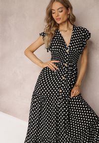 Renee - Czarna Rozkloszowana Sukienka Maxi w Kropki z Gumką w Talii Janey. Okazja: na co dzień, na imprezę. Kolor: czarny. Wzór: kropki. Styl: casual. Długość: maxi #3
