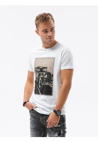 Ombre Clothing - T-shirt męski z nadrukiem S1434 V-11A - biały - XXL. Kolor: biały. Materiał: bawełna. Wzór: nadruk. Styl: klasyczny