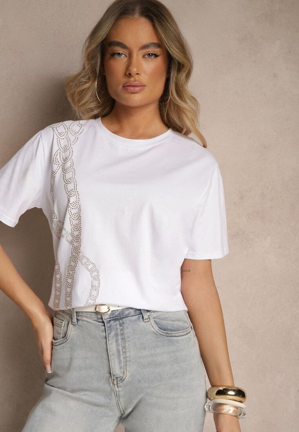 Renee - Biały T-shirt z Bawełny Ozdobiony Cyrkoniami Lavnelis. Kolor: biały. Materiał: bawełna. Wzór: aplikacja