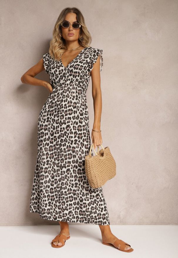 Renee - Brązowo-Beżowa Sukienka Boho z Bawełny Ozdobiona Wiązaniem Carivia. Okazja: na imprezę, na co dzień. Typ kołnierza: dekolt w kształcie V. Kolor: brązowy. Materiał: bawełna. Wzór: aplikacja. Sezon: lato. Styl: boho