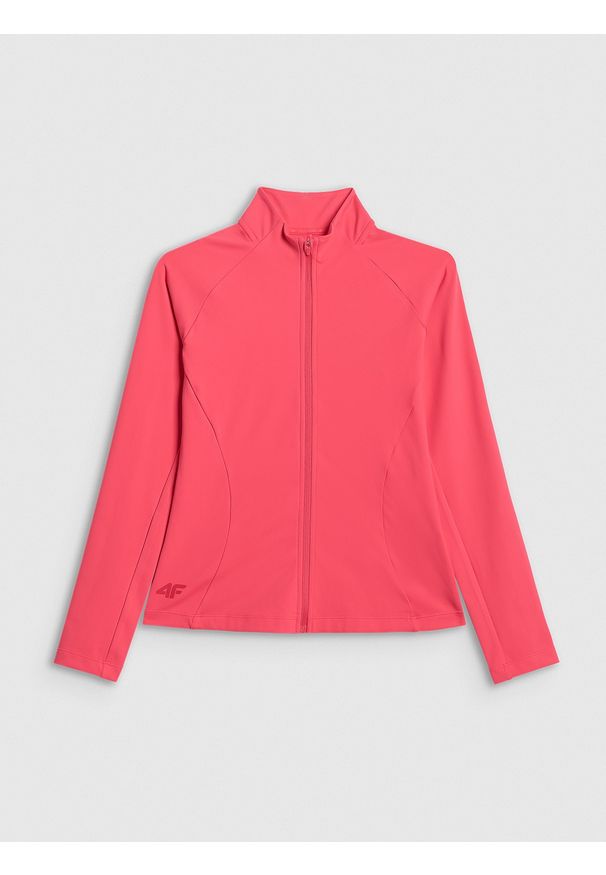 4f - 4F Bluza treningowa slim bez kaptura damska - koralowa L. Typ kołnierza: bez kaptura. Kolor: różowy. Materiał: materiał, skóra, włókno