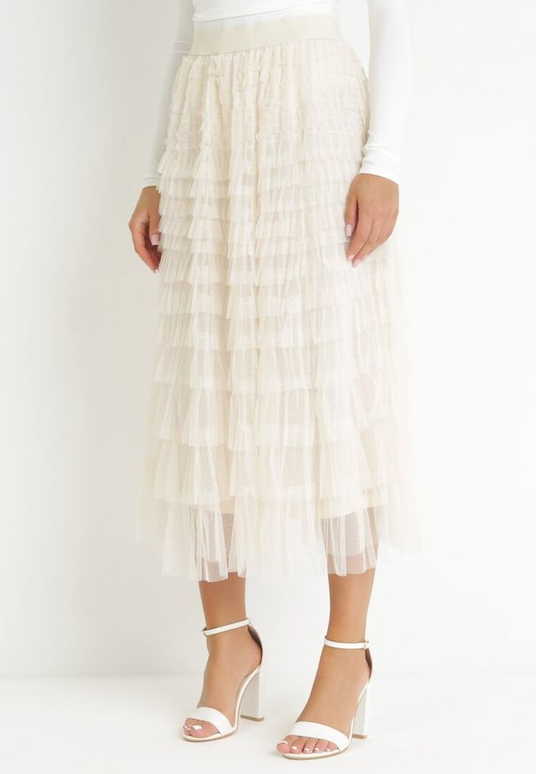 Born2be - Jasnobeżowa Rozkloszowana Spódnica Maxi z Falbankami z Tiulu Davena. Kolor: beżowy. Materiał: tiul. Wzór: aplikacja